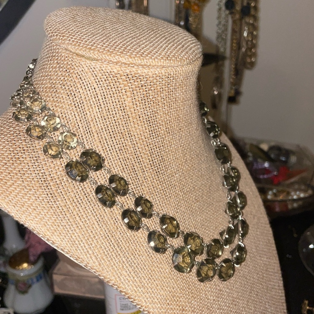 Vintage two strand art deco, smoky brown gray glass open back Riviera necklace